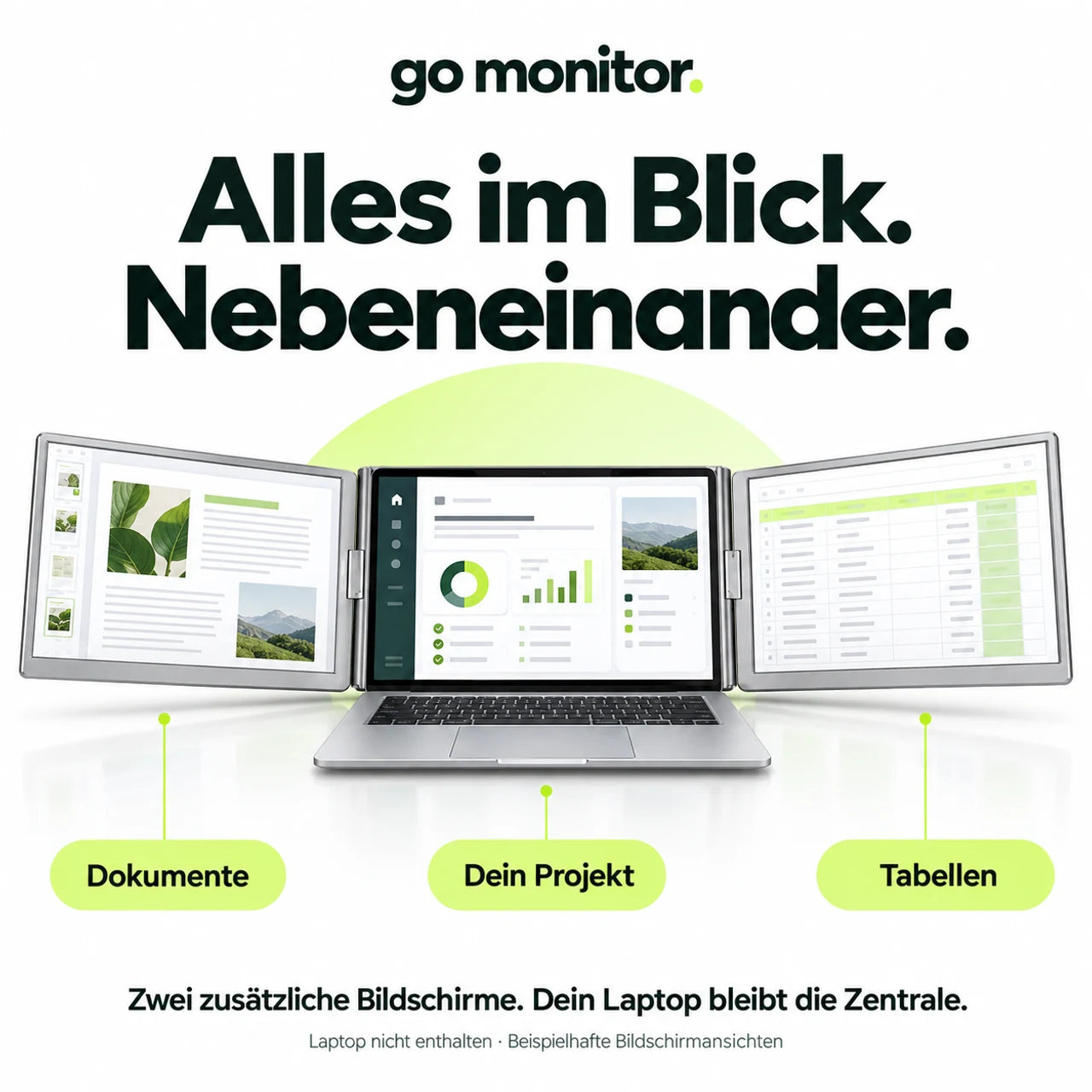 Go-Monitor-Illustration mit Dokument links, Projekt in der Mitte und Tabelle rechts; Laptop nicht enthalten.