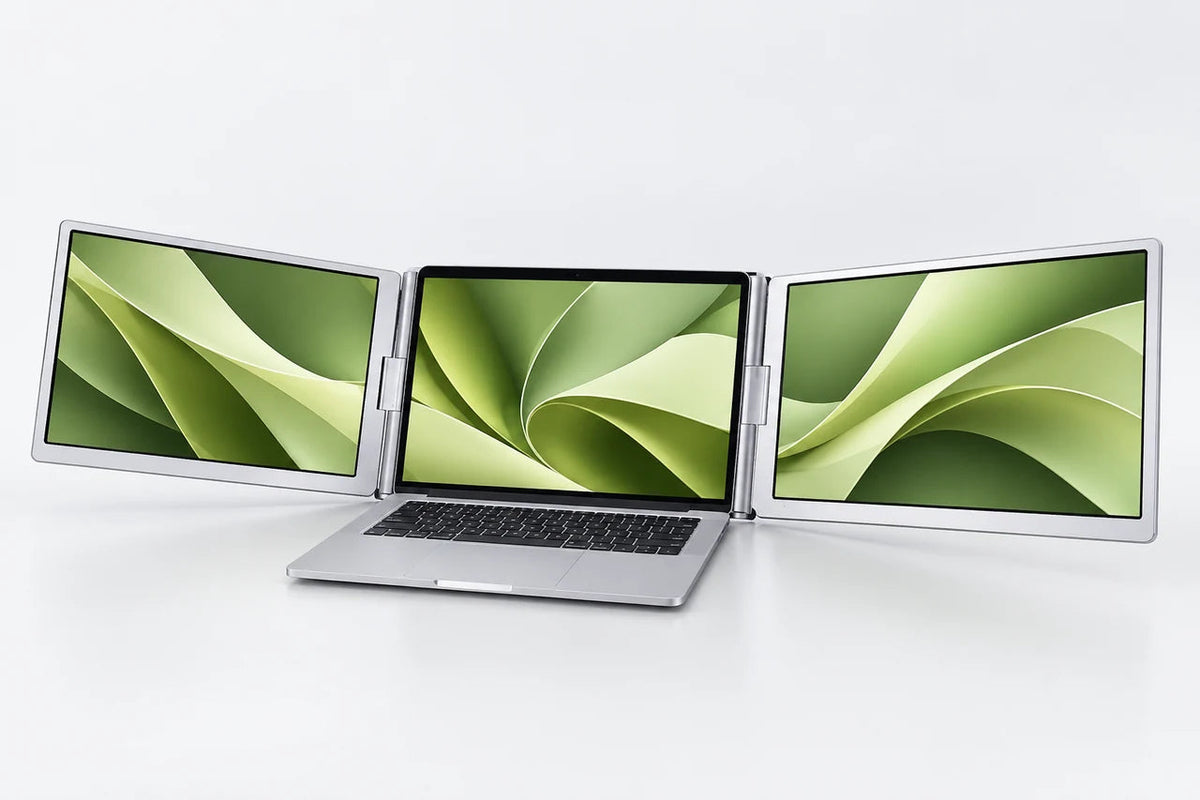 Illustration: Laptop mit zwei seitlich ausgeklappten Go-Monitor-Bildschirmen
