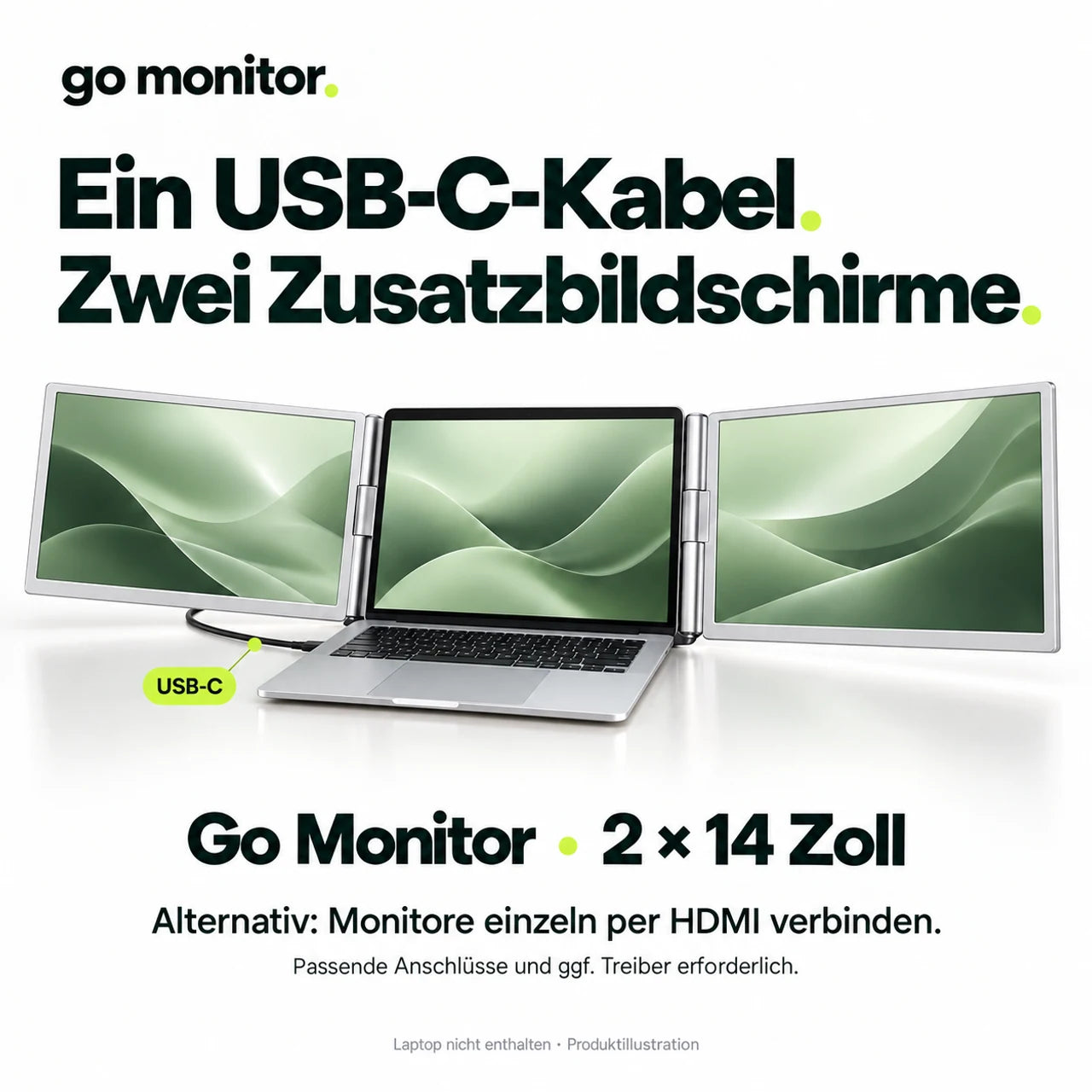 Ein USB-C-Kabel verbindet den Laptop mit zwei Go-Monitor-Zusatzbildschirmen. Alternativ lassen sich die Monitore einzeln per HDMI verbinden. 14 Zoll